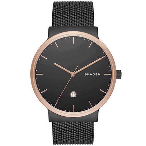 Image of Ancher IP sort stål med rosa krans quartz med tre visere herre ur fra Skagen, SKW6296